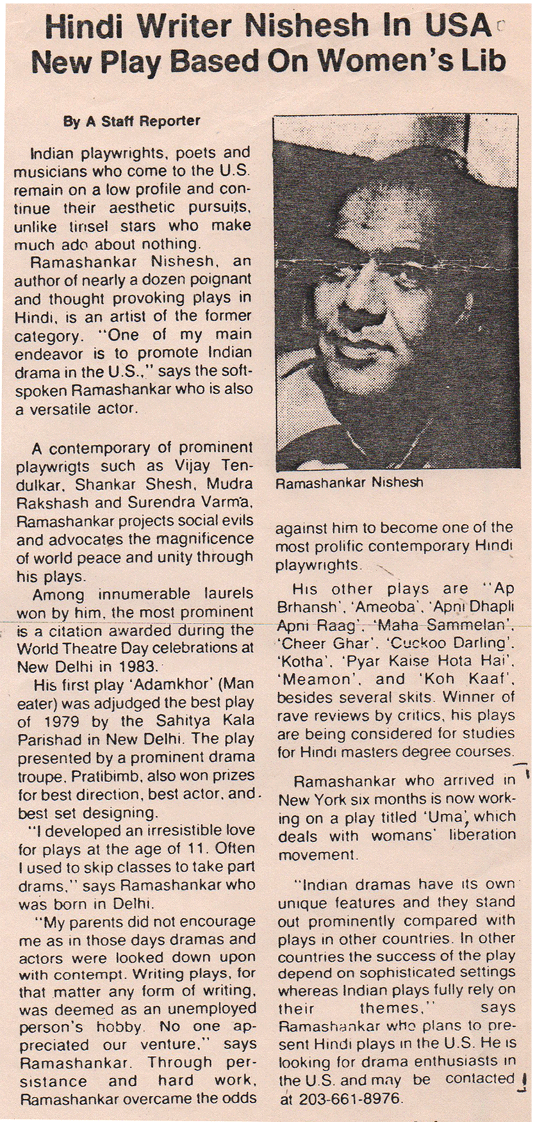 Hindi Writer Nishesh in USA New Play Based On Women’s Lib